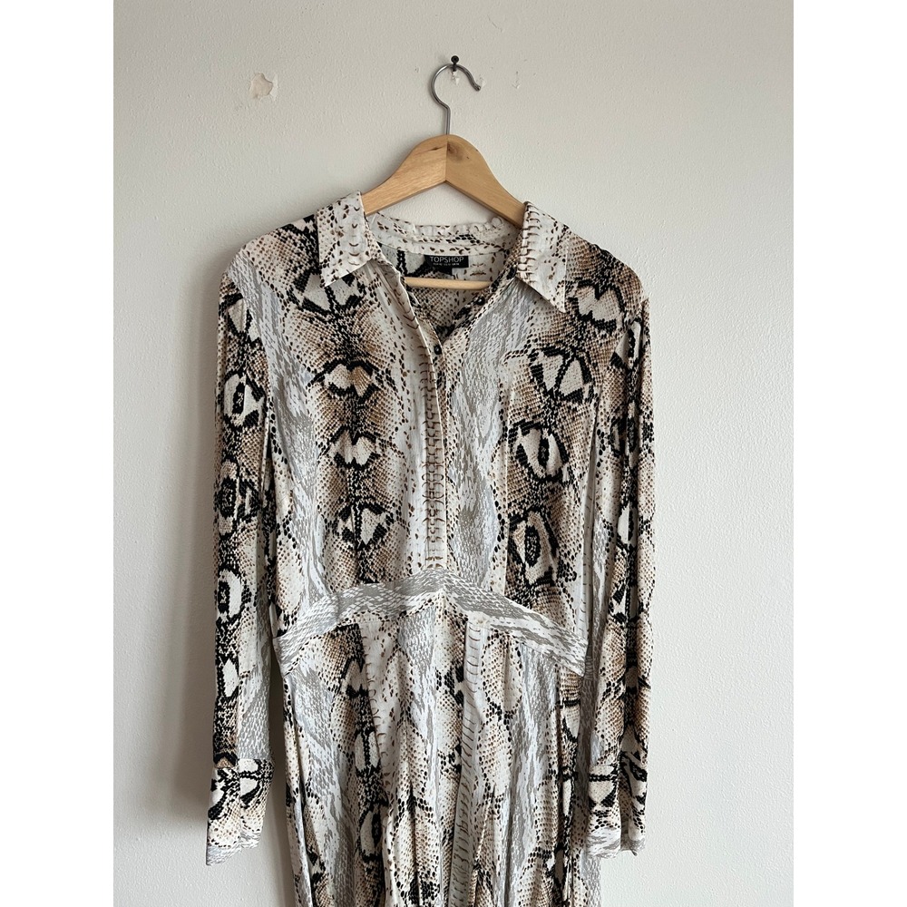 Topshop Snakeskin Print Midi Shirt Dress Tan Cream‎ Mob Luxe High SlitUS 10 - Picture 2 of 14